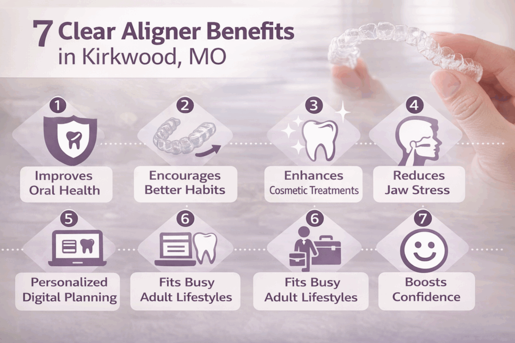 Infographic showing the 7 different benefits of clear aligners in Kirkwood MO