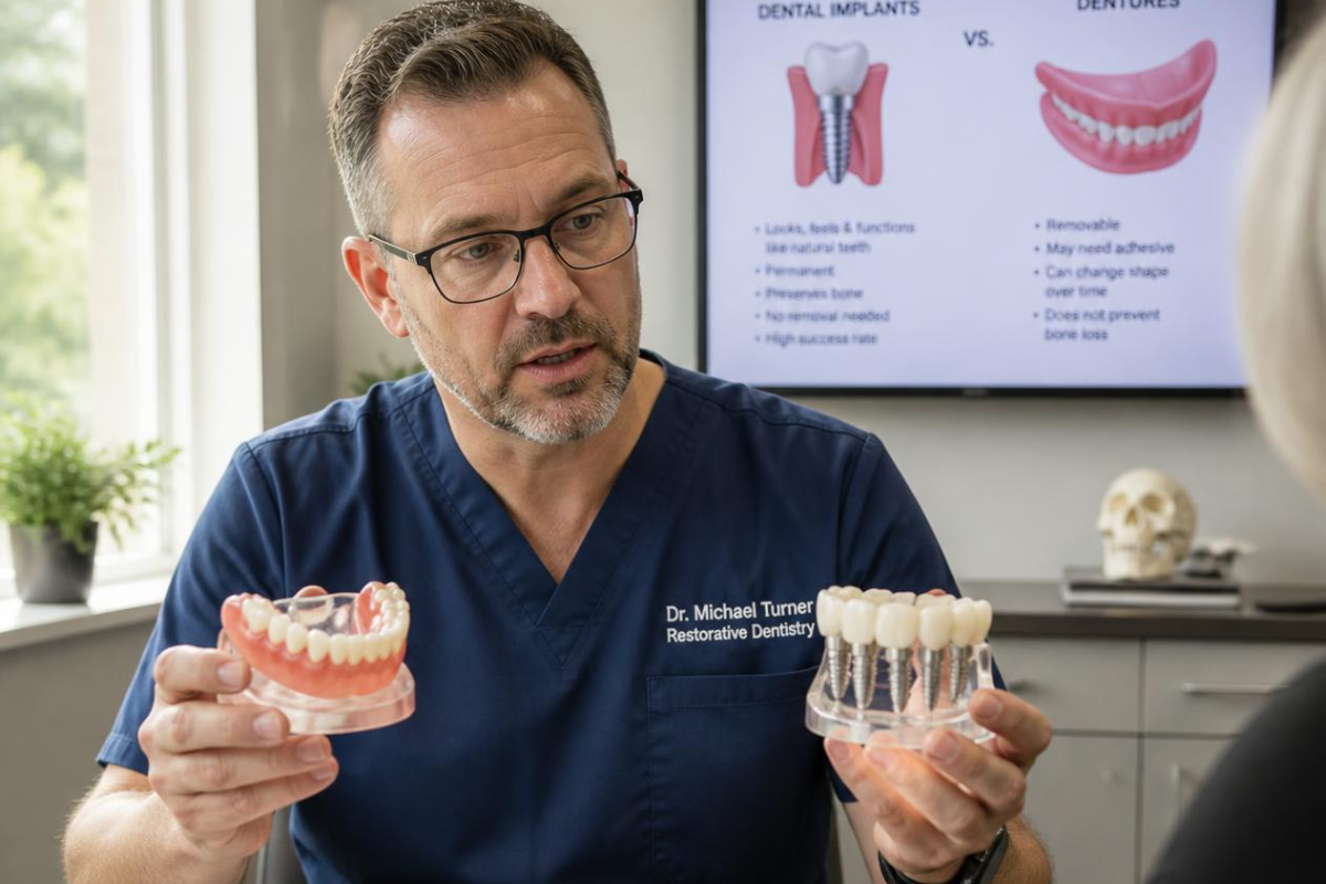 Dentist comparing dental implants and dentures with a patient in Kirkwood, MO